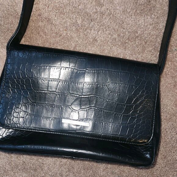 Nine West Black Faux Leather Croc Skin Top Handle Single Strap Women's Handbag - Picture 2 of 6